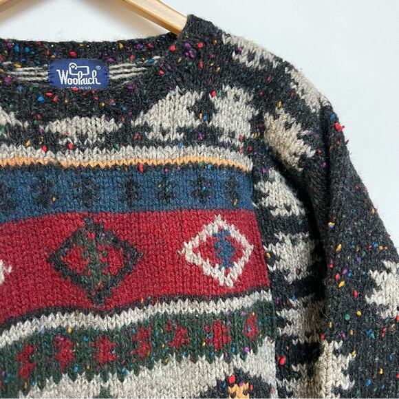 Woolrich Vintage Men's Sweater 100% Wool Speckle Knit Crewneck Black Gray Medium - Picture 2 of 8